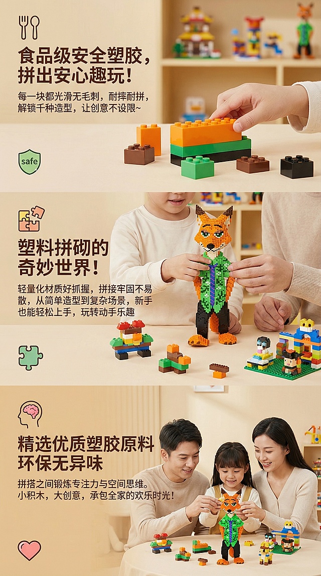 要一套关于这个产品的详情图，积木产品材质，用于跨境俄罗斯平台，wb平台，比例9；16卖点：一、核心卖点文案（突出材质与玩法优势）
1.  食品级安全塑胶，拼出安心趣玩！每一块都光滑无毛刺，耐摔耐拼，解锁千种造型，让创意不设限～
2.  塑料拼砌的奇妙世界！轻量化材质好抓握，拼接牢固不易散，从简单造型到复杂场景，新手也能轻松上手，玩转动手乐趣
3.  精选优质塑胶原料，环保无异味，拼搭之间锻炼专注力与空间思维。小积木，大创意，承包全家的欢乐时光！