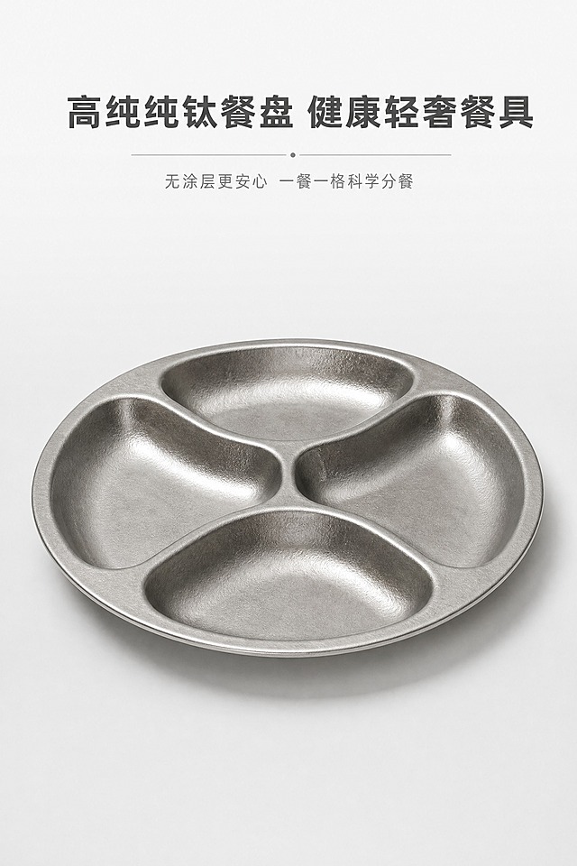 [商品] 使用【图2】纯钛四分格餐盘正面视角；保留圆形轮廓、四格独立分区结构、冰花肌理、哑光金属银灰色质感、边缘厚度与整体形态；去除原背景桌面与周围杂物，产品1:1实物比例不变形，精准还原口径24cm、高度2.3cm尺寸比例。
[画面] 首屏品牌质感主视觉，产品居中立体展示，主体占画面约65%，轻微俯视角度完整呈现餐盘整体形态与四格分区；浅白渐变极简背景，柔和柔光从左前侧打亮金属肌理，底部有自然柔和投影，画面干净通透、留白充足，阅读动线由上至下，顶部标题、中部产品、底部留白。
[视觉] 套系策略：风格=简约轻奢哑光质感风，极简留白高级冷淡风；标题字=无衬线极简粗体高级字体；正文字=无衬线极简细体；主色=金属银灰色(#B8B8B6)、哑光浅灰(#9C9A97)；背景延展=浅白渐变到极浅灰的细腻哑光质感背景；强调色=白色(#FFFFFF)，仅用于小面积线条与文字高光；标题色=哑光深灰；正文色=中灰；组件=极简几何细线、对称留白排版；光影=柔和漫射柔光，轻微提亮金属肌理，无刺眼反光与过曝高光。
[文字] 画面上部居中对称排版，主标题："高纯纯钛餐盘 健康轻奢餐具"，粗体大号；副标题："无涂层更安心 一餐一格科学分餐"，细体中号，位于主标题下方居中；文字不遮挡产品主体，层级清晰，排版干净整洁。
[规格] 图片比例2:3竖版，2K分辨率，medium质量；避免画面比例失调、构图杂乱、色彩艳丽俗气、水印文字乱码、多余杂物手部入镜、产品变形尺寸不符、质感粗糙模糊、反光刺眼高光过曝、色彩偏差、卡通花哨装饰、字体臃肿粗糙、排版混乱、低清晰度模糊糊边。