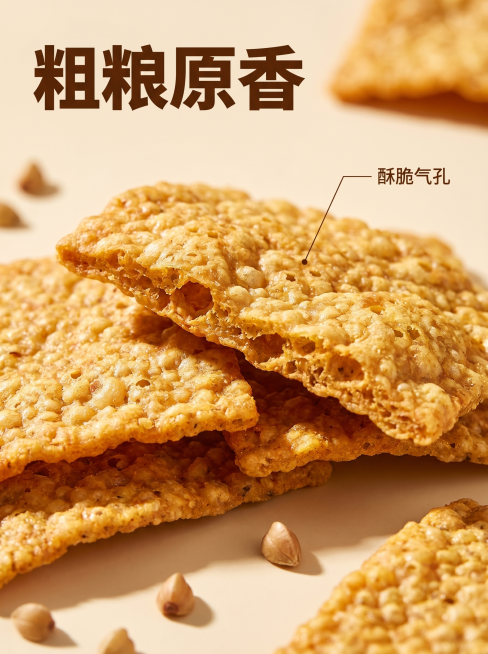 [主图-2] 苦荞片核心细节展示图。[氛围风格] 真实食材质感，突出原料优势；[画质] 商业摄影质感、微距清晰、光线通透，产品真实细腻。[元素] 微距特写苦荞片表面纹理，展示谷物气泡孔隙，几片堆叠展示预览效果