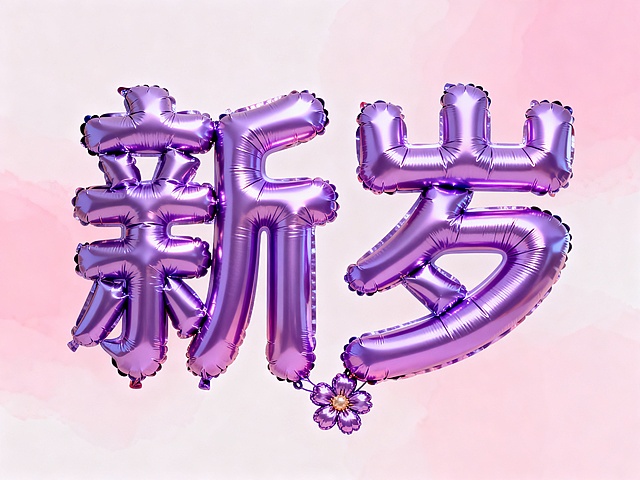3D充气风紫金气球字“新岁”，重拟物质感搭配梦幻渐变背景，点缀柔美花饰，营造喜庆柔和的节日氛围。