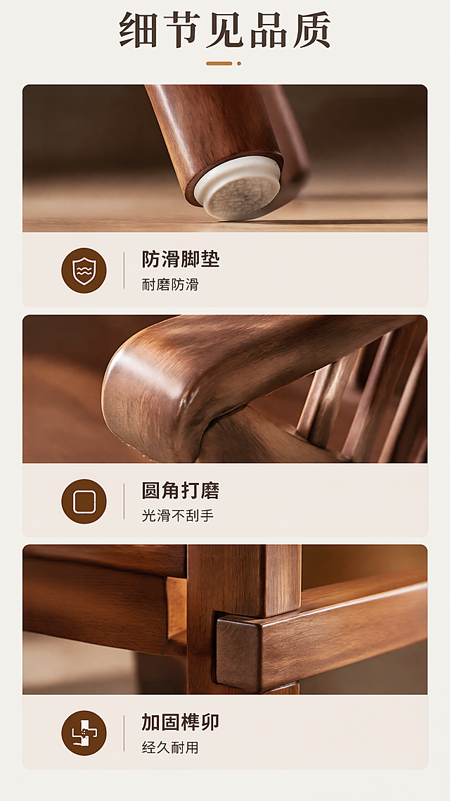 [第6屏] 细节功能演示页，展示实木桶椅的工艺细节。本屏使用【图1】提取各部位细节。
[氛围/风格] 清晰特写，真实展示，专业工艺感，干净排版。
[元素布局] 三格竖向排列，每格展示一个细节：第一格上部分为椅脚底部防滑脚垫特写，下部分文字说明；第二格上部分为实木扶手圆角打磨细节特写，下部分文字说明；第三格上部分为框架连接处加固工艺特写，下部分文字说明。整体排版整齐，每个细节清晰展示。
[光影质感] 每个细节特写都使用侧光突出工艺质感，纹理清晰，明暗对比自然。
[配色色系] 全局底色 #F5F1EB，保持整套详情页配色统一。
[视角构图] 三宫格竖向构图，每个细节独立展示，视觉动线从上到下。
[文字版式] 顶部主标题「细节见品质」，每格对应文字分别：「防滑脚垫 耐磨防滑」「圆角打磨 光滑不刮手」「加固榫卯 经久耐用」，每个短句8字以内，文字清晰，排版整齐。
[比例分辨率] 9:16，4K，文字清晰可辨。
[负向提示词] 细节模糊，展示不清，文字错乱，文字过小，水印，虚假宣传，极限词