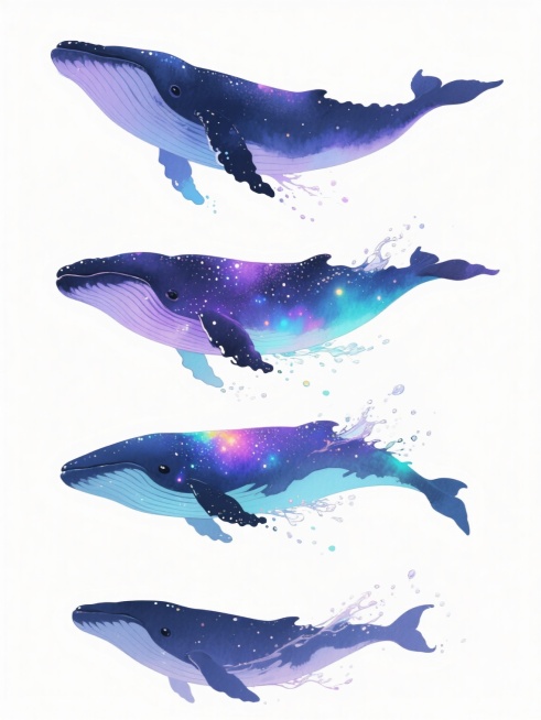 四只不同品种、外观各异的鲸鱼，保持原图的梦幻水彩渐变风格，以深蓝、紫色、青色为主色调，身体带有星空般的闪亮颗粒和流动的彩色光效，周围点缀着飞溅的水花和细小光点，整齐排列在纯白色背景上，每只鲸鱼姿态略有不同，整体构图平衡对称，呈现出神秘而灵动的氛围。预览效果