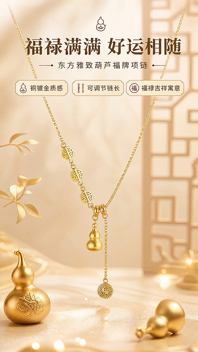[商品] 使用【图1】清风茗饰福禄满满项链；保留金色细链、铜钱纹圆牌、葫芦吊坠、福牌流苏、抽拉可调节结构、铜镀金颜色与材质光泽；增强金属光泽与细节纹理，不改变商品结构与比例。
[画面] 页面目标：氛围头图，第一印象传递福禄吉祥的东方雅致调性。商品主角型构图，项链居中偏上展示，主体占画面55%，下方留白放文案；前景散落金色葫芦小道具与柔光光斑，中景为项链主体，后景为米杏色渐变背景+隐约中式窗格纹理；≥3层环境元素，营造轻奢国风氛围。
[视觉] 套系策略：风格=东方雅致国风轻奢商业摄影；标题字=宋体衬线粗体；正文字=简洁无衬线体；主色=暖金+米杏；背景延展=基于米杏色做深浅渐变、同色系层次与细腻宣纸/丝绸质感；强调色=朱砂红，仅用于小面积图标、引线和标签点缀；标题色=深棕金；正文色=暖灰棕；组件=圆角金线信息卡、细金线引线、葫芦/福纹小图标；光影=左前侧暖柔光，金属高光清晰，整体氛围温润高级。
[文字] 中上位置主标题"福禄满满 好运相随"，副标题"东方雅致葫芦福牌项链"，下方3个短卖点：「铜镀金质感」「可调节链长」「福禄吉祥寓意」；文字横向排版，不遮挡项链主体与吊坠细节。
[规格] 图片比例9:16竖版，4K，负向提示：避免变形、错字、文字过小、冷蓝/冷灰背景、商品颜色改变、结构失真、极限词、二维码、水印。
