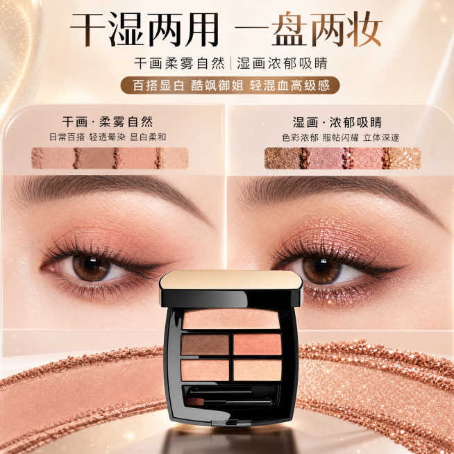 眼影盘干湿两用效果展示电商主图，呈现湿画干画两种使用效果，卖点百搭显白，酷飒御姐轻混血高级感，天猫平台，比例1:1预览效果