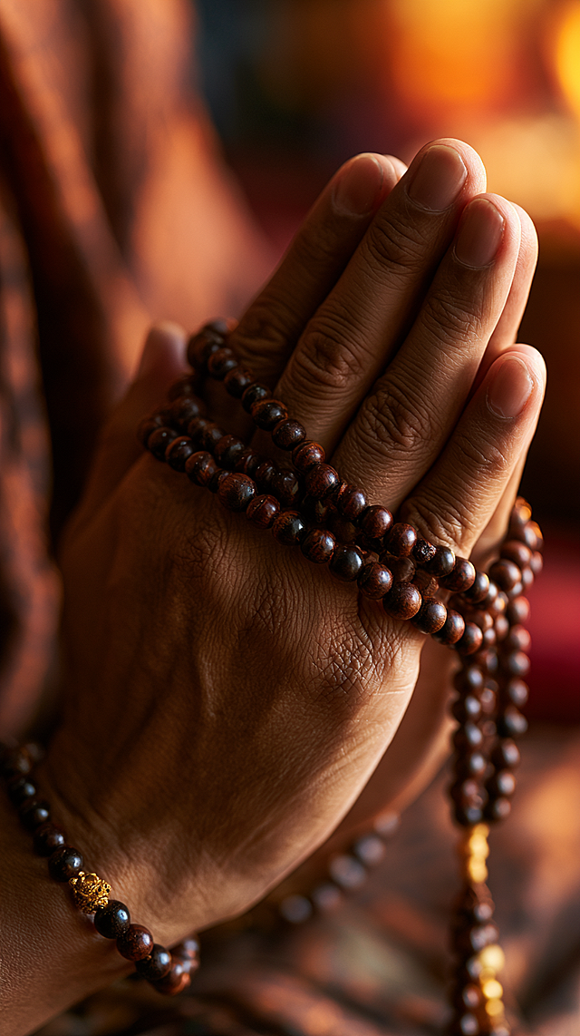 Close-up shot of a pair of hands wearing a Buddhist layman's bracelet (wooden prayer beads bracelet on the wrist), slowly counting and turning a string of mala prayer beads between the fingers, the hands have a devout and reverent expression in their movement, warm soft lighting, shallow depth of field, the prayer beads are made of dark brown wood with a smooth polished texture, the bracelet has smaller beads with a golden spacer bead, the background is softly blurred with warm tones suggesting a temple or meditation space, cinematic lighting, highly detailed skin texture, serene and spiritual atmosphere, photorealistic, shot with macro lens --ar 9:16 --style raw