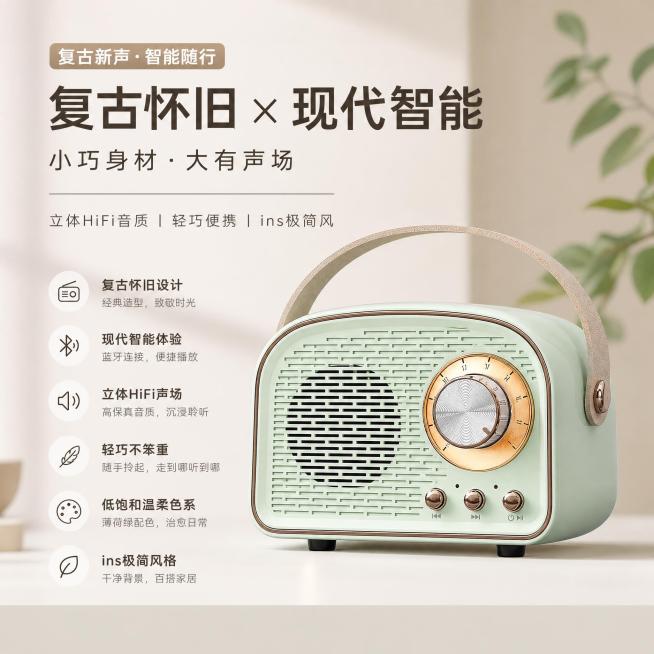 「图片1」，生成电商主图（3张），商品名称是收音机，卖点是复古怀旧，现代智能，机身轻巧不笨重，立体HiFi声场，风格是ins风格，极简风格，低饱和温柔色系，适配淘宝/天猫平台，主图比例为1:1预览效果