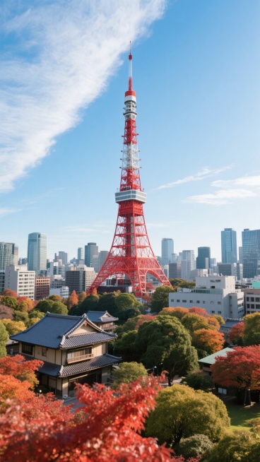 大师级超写实高清日本风景摄影，以东京铁塔为绝对视觉焦点的垂直构图，红色钢结构塔身细节毕现，周围现代建筑群与传统日式屋顶低层建筑古今交融，画面下方秋色红叶点缀的茂密绿植，湛蓝天空飘着薄云，斜上方阳光造就建筑高光与阴影，鲜明和谐的蓝、红、绿、灰主色调，营造开阔明亮活力城市氛围的东京风光摄影画面预览效果