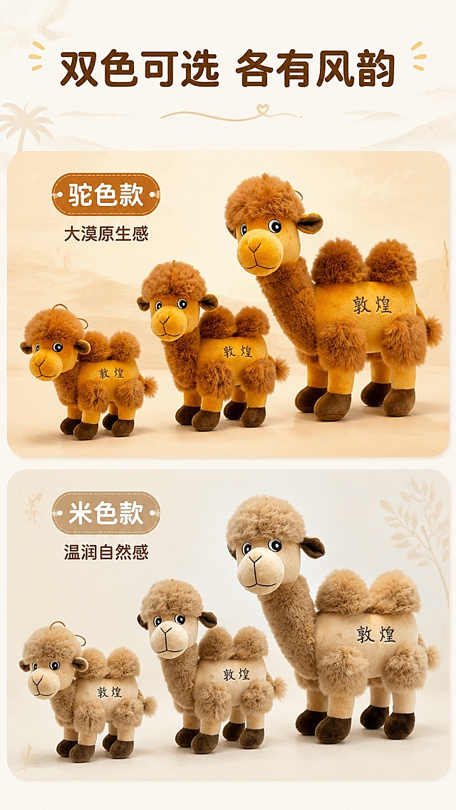 [第5屏] 色彩展示页-驼色与米色双款全家福对比展示。本屏使用【图4】三款米色公仔和【图3】两款驼色公仔组合展示。
[氛围/风格] 整洁对比展示风格，明亮暖调，商业陈列质感。
[元素布局] 画面分为上下两区，上区展示驼色全家福，下区展示米色全家福，各占约40%画布；每个颜色包含小中大三款规格，排列整齐；产品外观、颜色、刺绣字样均与原图保持一致。背景添加浅纹理装饰，不抢产品主体。
[光影质感] 均匀顶光照明，产品轮廓清晰，毛绒质感自然，双侧阴影柔和。
[配色色系] 全局底色 #f3f0eb；主区分色上暖黄驼色、下浅卡其米色；辅助色棕色标题文字。
[视角构图] 正面平视对称构图，清晰区分两款颜色，阅读动线从上到下。
[文字版式] 顶部主标题「双色可选 各有风韵」，上区标题「驼色款 大漠原生感」，下区标题「米色款 温润自然感」，圆润字体分区标注，清晰易读适合移动端。
[比例分辨率] 9:16竖版比例，4K分辨率，文字清晰可辨，高清画质。
[负向提示词] 产品排列错乱，颜色混色，文字错乱，缺件错件，水印，背景杂乱