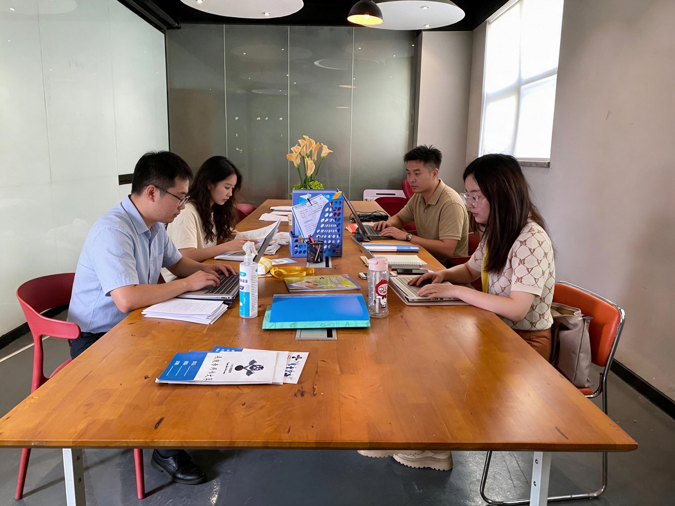 将图中女生的上衣改为短袖，在会议室长桌旁增加3个人正在参加培训… - 图片创意预览