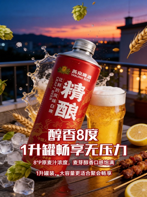 8K超清，高清质感，啤酒产品海报级图片，光线通透（户外自然光/室内暖光），重点突出啤酒质感：酒体澄澈金黄/深棕，泡沫绵密细腻、持久挂杯，杯壁凝露清晰可见，背景贴合场景（露台晚风），搭配点缀元素（冰粒、预览效果
