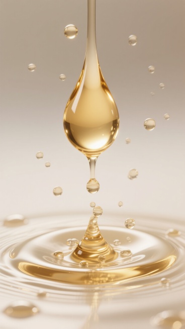 超写实摄影风格，纯净米白色渐变背景，金色透明精华液从上方滴落，形成饱满圆润的油状液滴，表面折射出璀璨高光，周围悬浮着大小不一的微小气泡，底部液体表面泛起层层涟漪，油珠在波纹中堆叠，呈现出细腻的流动性与粘稠质感，整体光影柔和明亮，营造出高端护肤品的奢华纯净氛围，不同画面区域展现精华液滴落瞬间的动态纹路、气泡分布纹路及液体表面波纹纹路的精华液背景。预览效果