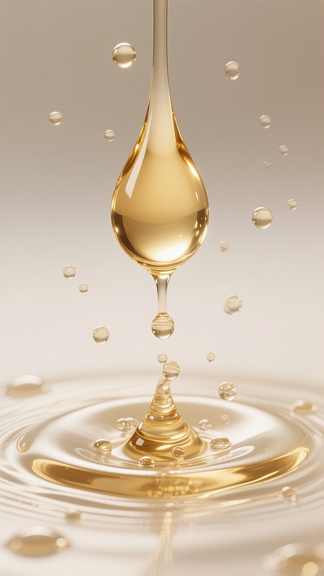 超写实摄影风格，纯净米白色渐变背景，金色透明精华液从上方滴落，形成饱满圆润的油状液滴，表面折射出璀璨高光，周围悬浮着大小不一的微小气泡，底部液体表面泛起层层涟漪，油珠在波纹中堆叠，呈现出细腻的流动性与粘稠质感，整体光影柔和明亮，营造出高端护肤品的奢华纯净氛围，不同画面区域展现精华液滴落瞬间的动态纹路、气泡分布纹路及液体表面波纹纹路的精华液背景。