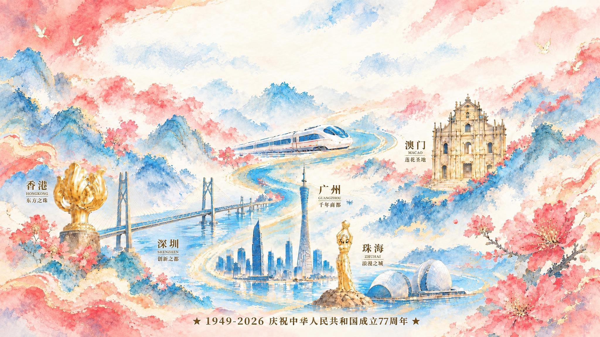 去掉画面顶部的大标题"湾区同心，共庆华诞"八个金色大字，标题位… - 图片创意预览