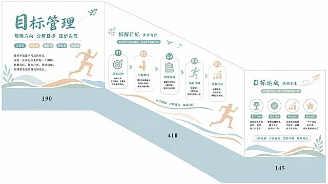 楼梯间文化墙设计，主题“术人”，参考图清新简约现代风格，莫兰迪浅色调，奔跑人物剪影装饰，内容为目标管理主题，包含标题“目标管理”和阐释拆解目标逐步实现的文案，高清矢量图，文字清晰可见，内容和其他设计不重复