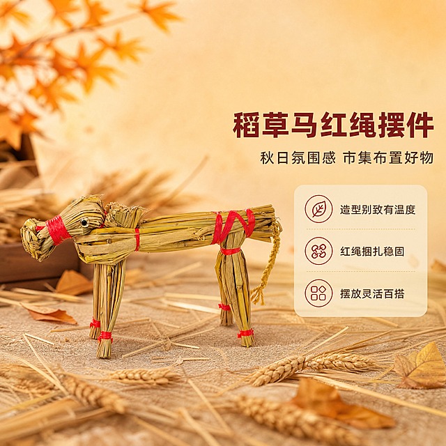 [商品] 使用【图1】红绳捆绑稻草马装饰摆件；保留稻草主体材质、红绳捆扎结构、小马造型比例、眼睛装饰、编织尾巴等全部外观特征；真实展示摆件形态。
[画面] 页面目标：氛围头图，突出稻草马造型别致与秋日氛围感。构图：居中偏左主体展示，右侧留白放文字。主体占画面60%，景别：中景。前中后景：前景散落干草/麦穗装饰，中景稻草马摆件，背景暖调秋日渐变虚化。阅读动线：从左到右。
[视觉] 套系策略：风格=秋日暖调文创商业摄影；标题字=阿里巴巴普惠体粗体；正文字=阿里巴巴普惠体常规；主色=稻草黄+暖棕；背景延展=基于暖棕黄做深浅层级、同色渐变和质朴纸张/干草质感；强调色=中国红，仅用于小面积图标、引线和标签；标题色=深棕红；正文色=暖棕灰；组件=圆角暖底信息卡、细线引线；光影=左前侧暖柔光，自然柔和阴影。
[文字] 右侧留白放主标题「稻草马红绳摆件」，副标题「秋日氛围感 市集布置好物」，下方3个短卖点：造型别致有温度、红绳捆扎稳固、摆放灵活百搭。文字横排，不遮挡主体。
[规格] 图片比例1:1，4K分辨率，负向提示：避免变形、错字、文字过小、冷蓝背景、产品结构改变、极限词违禁词、天然环保原生态等词汇。