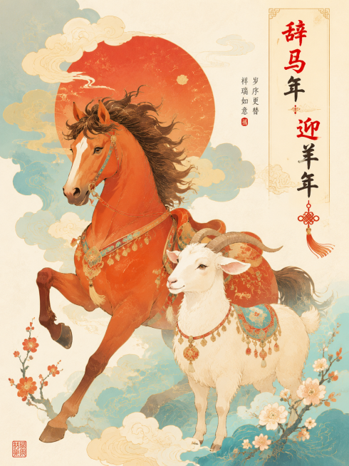 8寸竖版装饰画，国风新年主题，辞马年迎羊年，冷暖色彩对比调和，灵动骏马与温婉祥羊同框，祥云环绕，中式传统纹样，暖红暖黄搭配冷青浅蓝撞色，雅致清新手绘板绘，细腻平涂质感，简约留白，适合装裱，高清国风预览效果