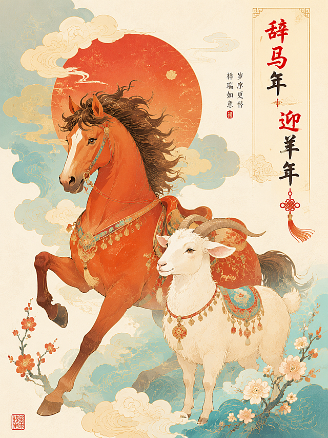 8寸竖版装饰画，国风新年主题，辞马年迎羊年，冷暖色彩对比调和，灵动骏马与温婉祥羊同框，祥云环绕，中式传统纹样，暖红暖黄搭配冷青浅蓝撞色，雅致清新手绘板绘，细腻平涂质感，简约留白，适合装裱，高清国风