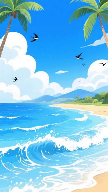 明亮通透的夏日海滩插画，画面下方是翻涌的蓝白海浪，浪花飞溅，海水呈现多层次的蓝色渐变，从深蓝到清澈的浅蓝，波光粼粼。海浪后方是金色的沙滩，沙滩边缘有绿色的植被和远处连绵起伏的淡蓝色山脉，山脉轮廓柔和。天空占据画面大部分，是纯净的蔚蓝色，点缀着形态各异的白色云朵，云朵边缘柔和，带有淡蓝色阴影。左上角和右上角各有一棵高大的绿色椰子树，树叶舒展，树干挺拔。几只黑色的海鸟在空中自由飞翔，整个画面充满了……预览效果