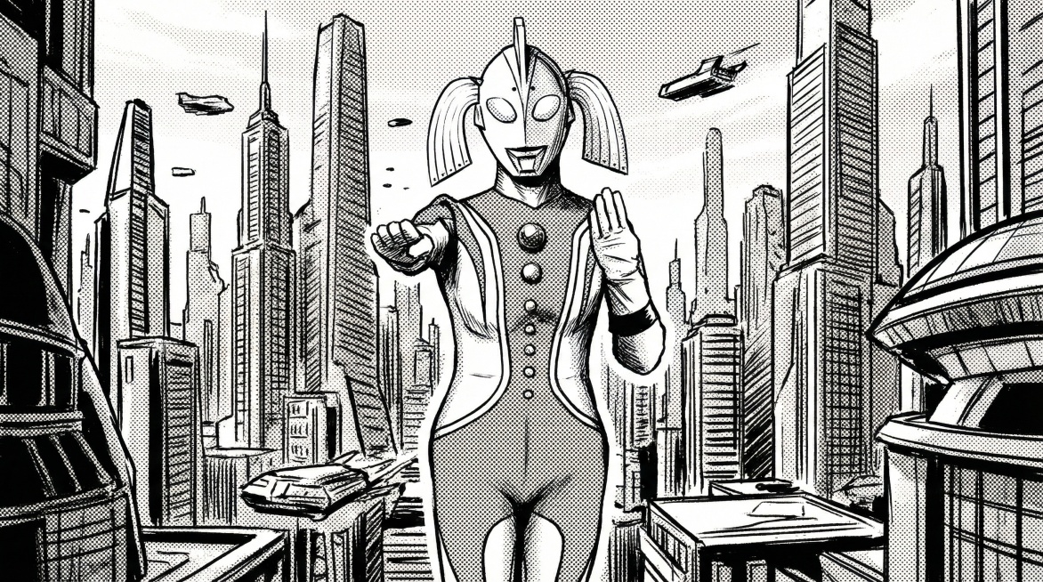 将这张奥特曼图片转换为16:9黑白漫画风格，背景改为未来都市天际线，保持人物主体造型不变，转换出漫画线条和黑白网点质感预览效果
