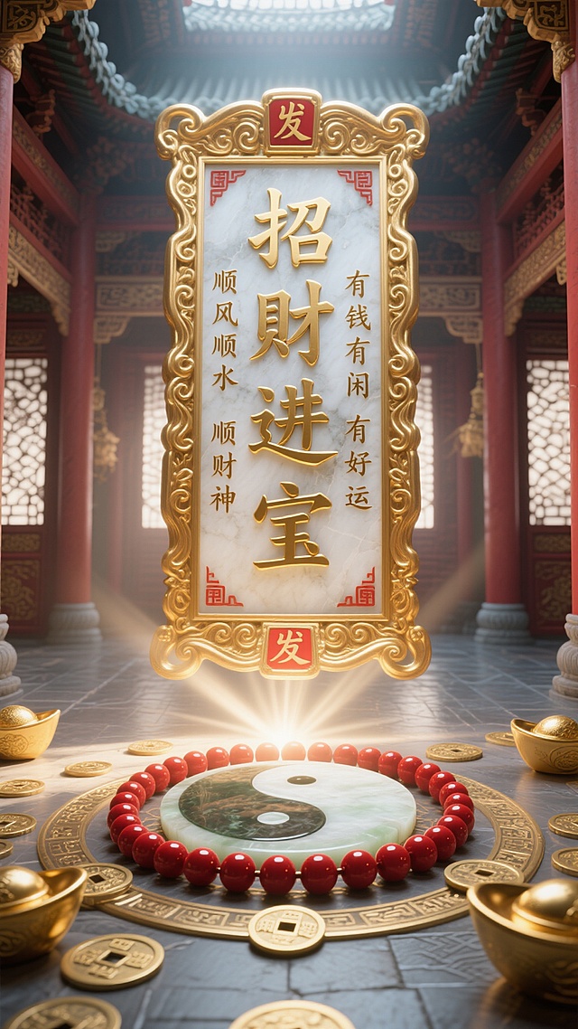 3D渲染的中国风古典场景，宏伟宫殿内，中心是带有玉石白色华丽金色卷云纹边框的牌匾，牌匾中心竖排金色立体大字“招财进宝”，左侧竖列小字“顺风顺水顺财神”，右侧竖列小字“有钱有闲有好运”，顶部和底部有红色“发”字图案。牌匾下方地面摆放刻有太极图的玉璧，周围环绕一圈金色古钱币和几颗红色珠子，上方有神圣光芒照射，庄严吉祥氛围，竖版构图