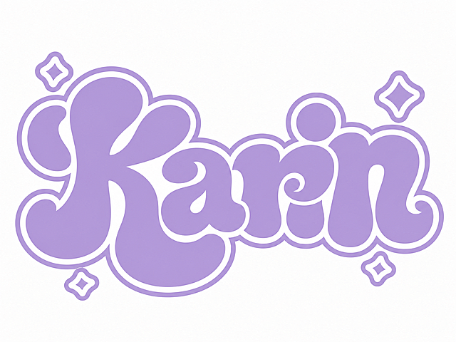 淡紫色字体，白色背景，干净的背景，创意圆体字体设计五个字母"Karin"，所有文字单行横向排列，将字体进行大幅度抽象变形。笔画极度加粗圆润饱满呈现厚重块面感，带有白色内描边和紫色外轮廓双层描边效果，字母间笔画紧密连笔共用融合为整体，大弧度曲线造型活泼俏皮，四角点缀小星形装饰，整体风格甜美可爱充满设计感。画面中只能出现这五个字母："K"、"a"、"r"、"i"、"n"，不得出现参考图中的原文字，不得增加、遗漏或替换任何一个字母。文字整体必须完整呈现在画面内不可被裁切，四周留有安全边距。比例4:3