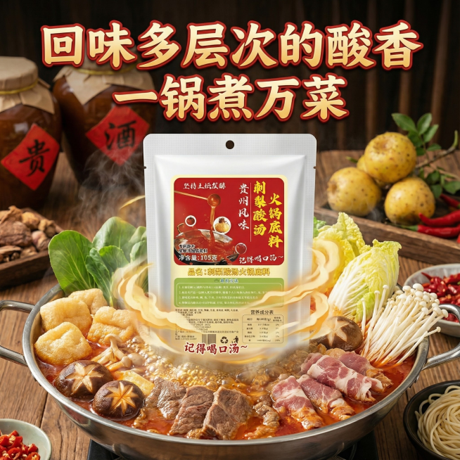 这张图片是产品主体这款产品是美芡·贵州刺梨酸汤火锅底料 我需要设计10张主图在拼多多上面售卖 图片中产品不变 这一袋的克重主要是105g 主图场景布局火锅元素  多增加一些贵州火锅底料细节图 还有火锅预览效果