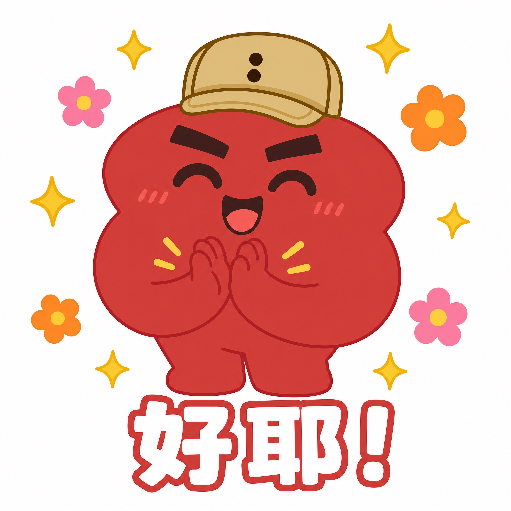 基于参考图中的红色云朵状卡通IP形象（戴卡其色棒球帽，浓眉大眼… - 图片创意预览