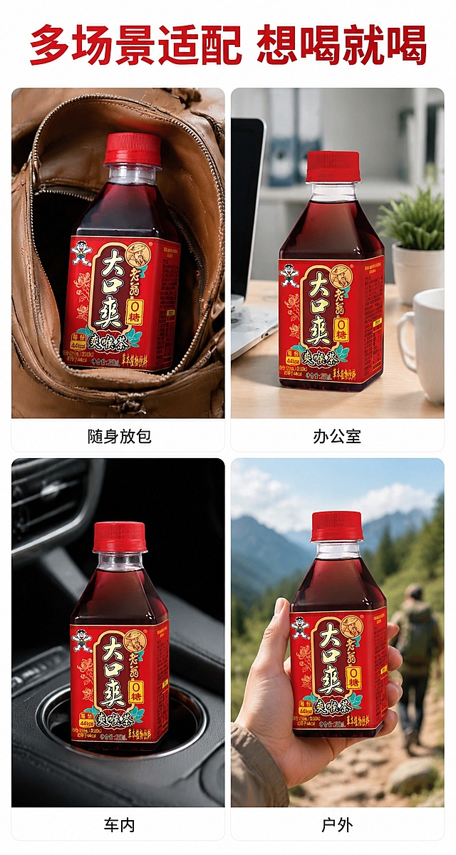 [第7屏] 多场景展示屏-便携适配多场景。本屏使用【图1】作为商品主体。
[氛围/风格] 生活化拼贴风格，真实多场景展示，整洁清晰
[元素布局] 2×2网格四个场景卡片，分别展示：放包里、放办公室桌面、放车内杯架、户外出行手持四个场景，产品出现在每个场景中，占每个卡片约40%；保持每个场景中产品外观与原图一致。
[光影质感] 每个场景光影自然，符合场景环境特点，产品清晰突出。
[配色色系] 全局底色 #fff，主色红色产品，辅助色浅灰色场景背景
[视角构图] 网格分屏，四个场景均匀分布，整体均衡
[文字版式] 顶部主标题「多场景适配 想喝就喝」，每个场景卡片下方标注对应场景名称：随身放包、办公室、车内、户外，文字小巧清晰，不抢产品风头，字体保持统一风格。
[比例分辨率] 9:16 竖版比例，4K分辨率，文字清晰可辨，高清画质。
[负向提示词] 产品变形，场景杂乱，文字过小，卡片模糊，水印