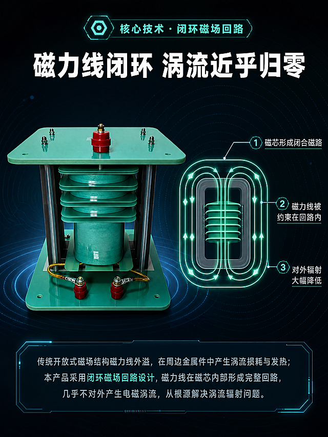 [商品] 使用【图3】臭氧高频高压变压器（正面正视版本）；保留产品正视结构：上下环氧板、中间多层绕组、两侧磁芯立柱、顶部中央红色高压端子、底部两个红色输入端子、金色连接线；保留所有颜色和材质。
[画面] 目标：核心技术原理展示——闭环磁场回路工作原理。版式：产品居中偏左，占画面约45%；右侧为磁场回路机理示意，用青绿色发光弧线箭头表示磁力线，在磁芯和绕组间形成闭合环路；背景为深色科技感，带微弱磁场线纹理；顶部有技术标签，底部有原理说明文字。阅读动线：顶部技术标题→左侧产品→右侧磁场示意→底部原理说明。
[视觉] 套系策略：风格=工业科技风+技术原理可视化；标题字=粗黑体无衬线；正文字=简洁无衬线体；主色=深蓝+青绿色；背景延展=深黑蓝渐变+同心圆磁场波纹纹理；强调色=青绿色发光效果，用于磁力线、技术图标、高亮标签；标题色=白色；正文色=浅灰蓝；组件=半透明技术说明框、发光磁力线箭头、细线引线标注；光影=产品正面冷光照明，磁力线有自发光效果。
[文字] 顶部技术标签"核心技术 · 闭环磁场回路"；主标题"磁力线闭环 涡流近乎归零"；右侧磁场示意旁配3条说明：1）"磁芯形成闭合磁路"，2）"磁力线被约束在回路内"，3）"对外辐射大幅降低"；底部说明文字"传统开放式磁场结构磁力线外溢，在周边金属件中产生涡流损耗与发热；本产品采用闭环磁场回路设计，磁力线在磁芯内部形成完整回路，几乎不对外产生电磁涡流，从根源解决涡流辐射问题。"所有文字横排。
[规格] 图片比例3:4竖版，4K，medium质量；避免变形、错字、文字过小、产品结构改变、暖色调、过于花哨。