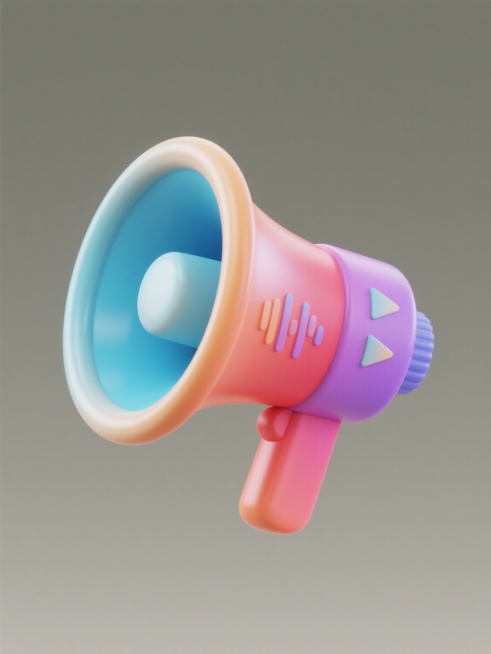 简约现代风格3D图标，单个喇叭元素居中规整排布，喇叭造型设计独特，主体为鲜艳的[可替换颜色]，喇叭开口边缘和手柄为[可替换颜色]，喇叭口内侧为[可替换颜色]，侧边有三个渐变的[可替换颜色]三角形声波图案，纯色背景，无文字，无logo，无水印，整体造型圆润简洁，具有光滑的塑料质感，光影柔和，立体感强。预览效果
