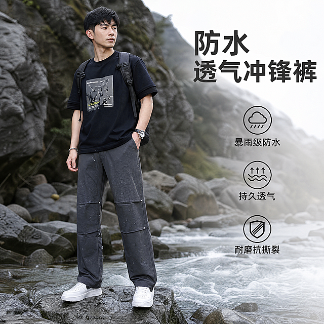 [主图-1] 核心卖点首图，户外爬山渗水场景演示防水冲锋裤上身效果。[氛围风格] 真实户外山系露营风，强视觉冲击，高清实拍。[画质] 商业摄影质感，光线通透自然，产品清晰真实，画面干净高级。[元素] 亚洲男模特穿着深灰色拼接冲锋裤站立在溪边石头上，水流从旁边经过，展示裤子不沾水不渗水效果，模特占画面65%左右，位于画面左侧，右侧留出大面积负空间放文案。保持冲锋裤外观（物理结构、材质质感、颜色）与输入产品图绝对一致，杜绝任何变形和色差，精细化处理。[光影] 自然阴天户外散射光，均匀柔和，整体明暗层次清晰，突出裤子挺廓质感。[配色] 主色调为深灰裤子+自然岩石暗青色，文字用深灰色与白色形成高对比。[视角构图] 平视，模特全身完整展示，景深适中，背景溪水礁石自然虚化，画面满屏无边框，主体完整不裁切。[文字版式] 右侧竖向排列信息栏不加色块底，大字主文案 "{防水} 透气冲锋裤"，深灰色粗体无衬线；下方依次排列三个图标卖点：1. 暴雨级防水 2. 持久透气 3. 耐磨抗撕裂，图标搭配短句，字体层级分明，文字不遮挡主体。[比例分辨率] 1:1 比例，4k 分辨率，文字清晰可辨，超高清。[负向提示词] 变形，水印，文字错乱，产品图模糊，背景杂乱，绝对化违禁词，价格信息