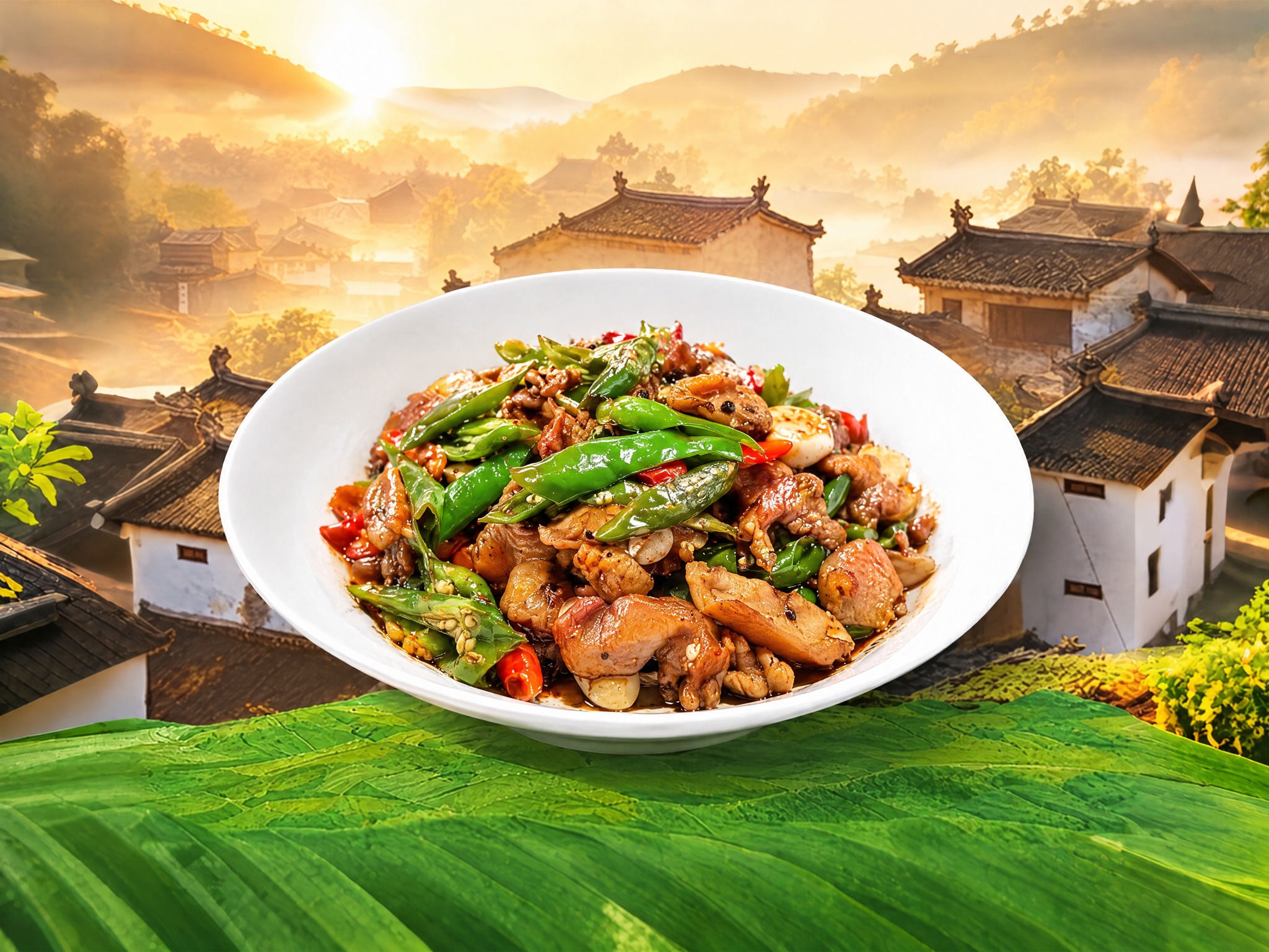 将图中白色碗里的梅菜扣肉菜品替换为图2中的青椒炒肉（小炒肉）菜… - 图片创意预览