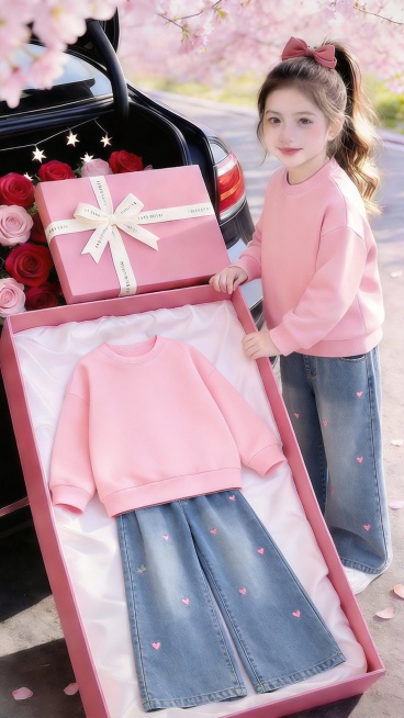 用图1的衣服和裤子替换图2人物身上穿的衣服裤子和旁边盒子里平铺衣服裤子，保留原场景光影，保持图2的人物的五官和发型不变，图片宽高尺寸不变，背景不变，鞋子不变，人物姿势不变，保持图1的衣服和裤子的款式和预览效果
