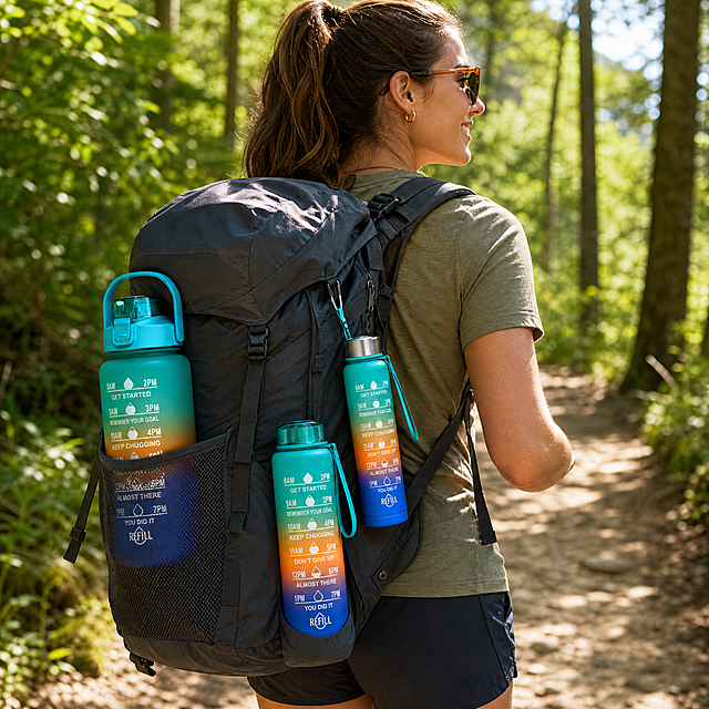 [New Main 1] Outdoor camping hiking scene show for gradient 3-piece water bottles. A young hiker carries the small gradient water bottle hanging from the shoulder strap of a backpack, the large-capacity bottle is placed in the side pocket of the backpack, background is a forest hiking path in sunny day. Keep the gradient frosted texture, scale text and product appearance of the water bottle completely consistent with the original image. Natural bright sunlight, fresh outdoor atmosphere, focus on the easy portability of the three different sizes bottles in outdoor activities. 1:1 square, 2048px, 2K resolution. All text English, comply with Amazon standards. Negative prompt: product deformation, color distortion, extra Chinese, cluttered foreground.