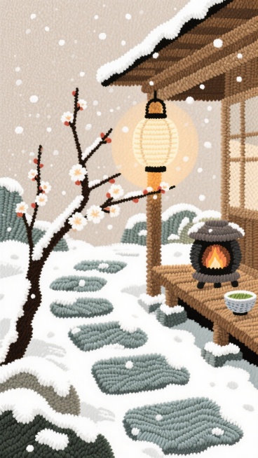 日式庭院的青石小径铺雪，石灯笼亮着暖光，梅枝斜伸，花瓣沾雪。木廊下摆着暖炉，放着抹茶碗，雪落在灯笼纸罩上，浅棕 + 雪白配色，静谧禅意的冬日氛围。预览效果