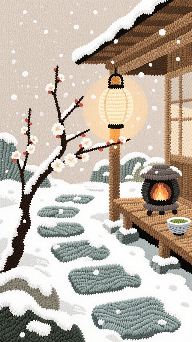 刺绣风插画，融合中式庭院与浮世绘意境，雪中梅花、暖灯与茶炉营造静谧温馨的冬日氛围。