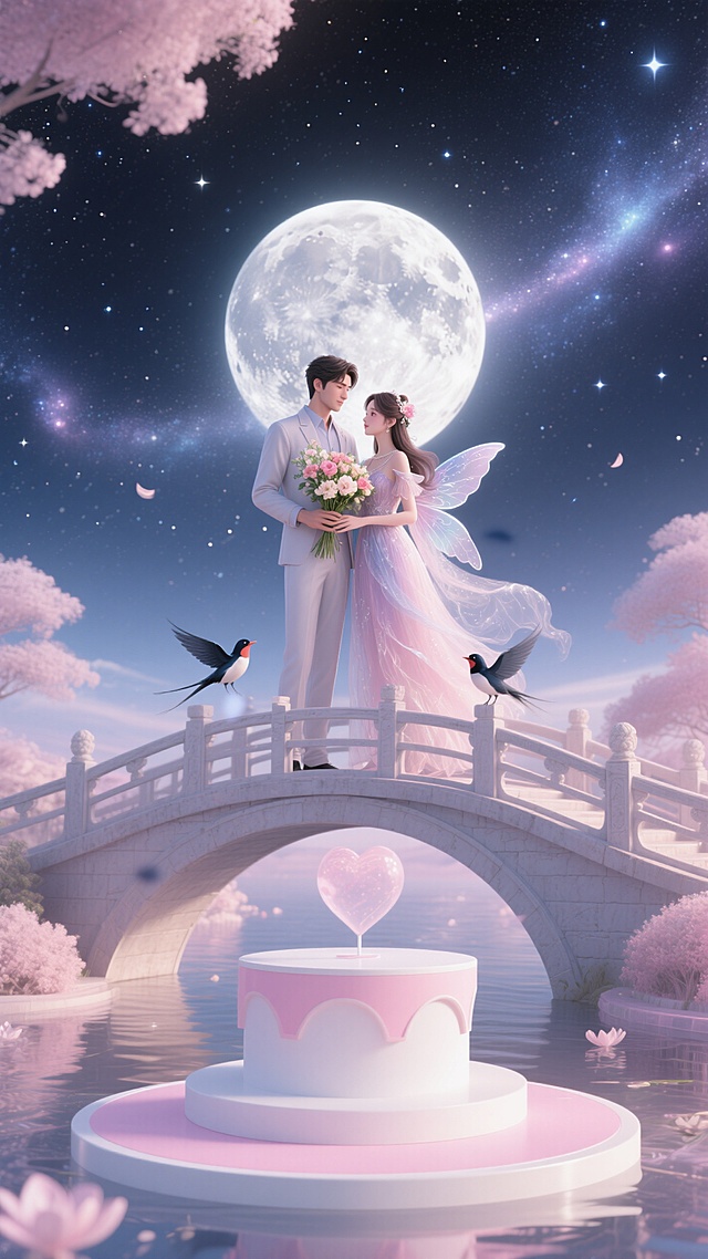 整体效果梦幻甜蜜+银河星系浪漫背景、圆月、星星点缀，帅哥和美女站在桥上，帅哥抱着花，美女仙女妆扮，头顶有两只鹊。最前面有一个梦幻甜蜜粉白的展台。