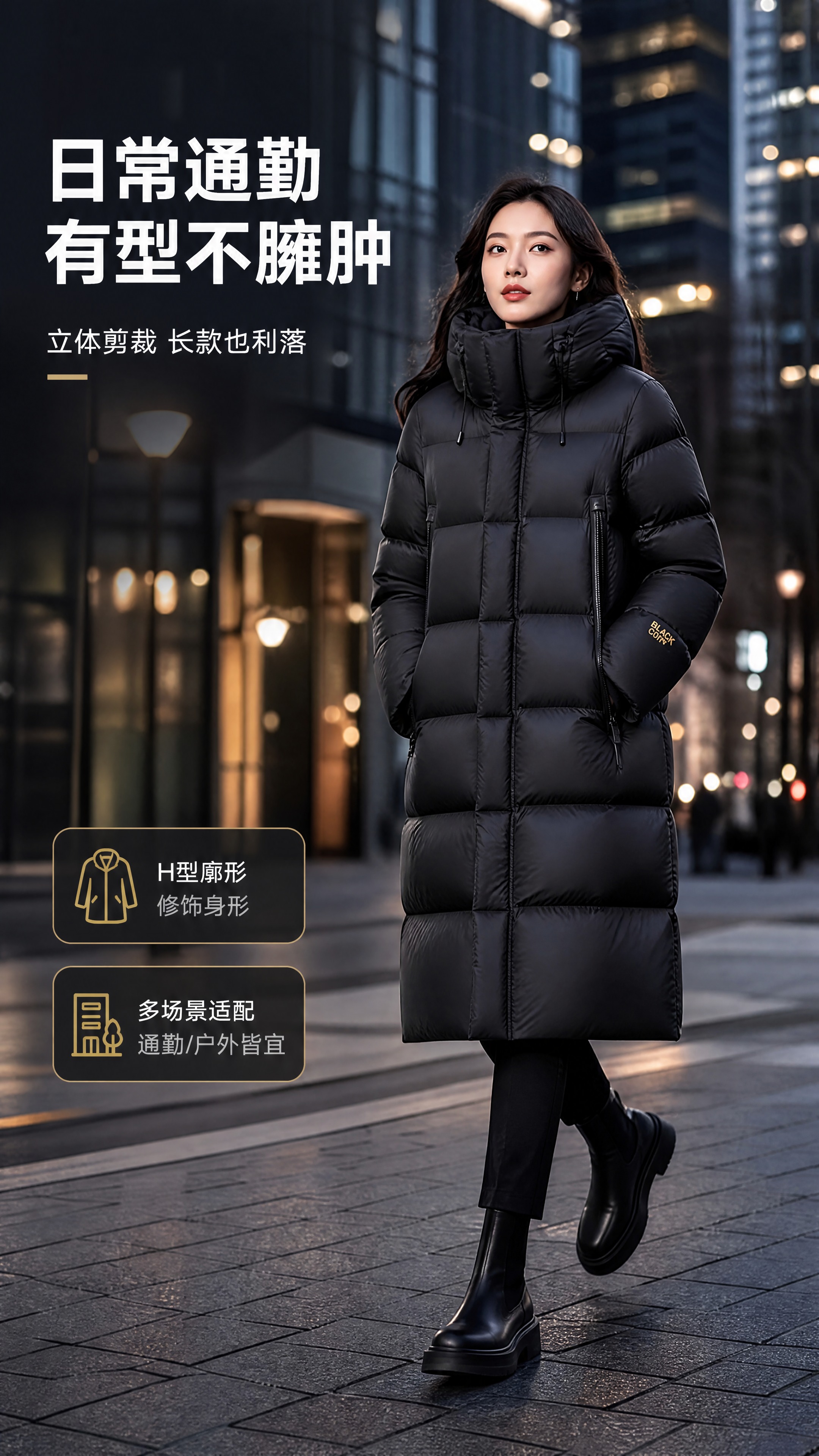 [商品] 使用【图1】黑色长款连帽羽绒服；商品处理：保留连帽立… - 图片创意预览