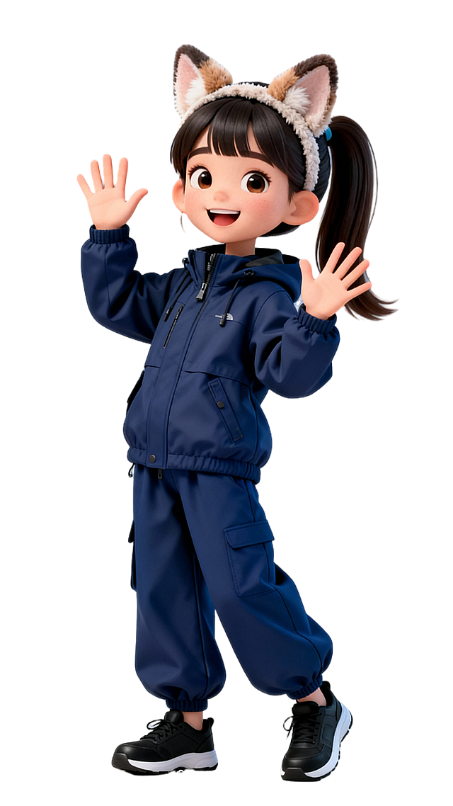 一幅 3D 风格插画。画面中，一个阳光开郎的女生，开心的表情，穿着深蓝色冲锋衣，宽松的深蓝色裤子，黑色运动鞋，头戴毛绒动物耳朵造型的头饰发箍，马尾辫，额头前方无刘海 。正面微侧视角，双手举起，欢迎手势，背景为纯色，全身，竖版16：9尺寸，整体氛围活力欢快