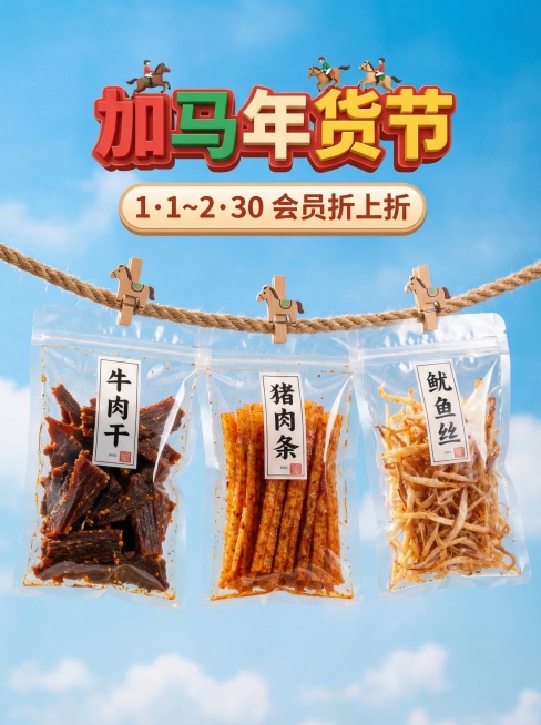 写实风，轻微仰拍视角，主体位于画面中心，被小马造型的夹子在一根麻绳上，主体占画面比60%，保持主体特征不变。高饱和暖色调，户外蓝色天空，清新趣味感氛围，顶部主标题为3D红绿黄配色标题“加马年货节”（骑预览效果