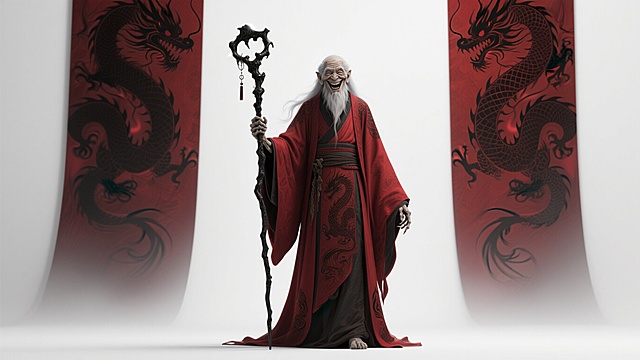 神秘东方魔导师，3D浮雕风格，红黑龙纹长袍，哥特式权杖，古典中式元素融合金属质感，营造庄重诡异氛围。