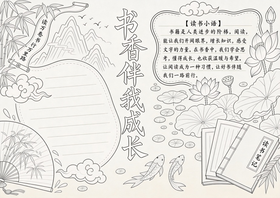 将这幅书香伴我成长手抄报改为浅色线稿版本，保留清晰轮廓线条，弱化所有填充颜色，只保留淡淡的浅灰色和浅色底色，保留全部内容和构图，适合学生涂色使用预览效果