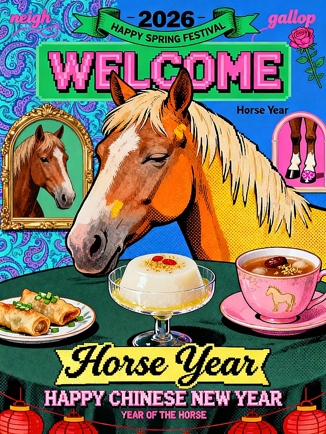 画面底部横幅展示着巨大的文字 “Horse Year”，采用极具复古风情的连笔手写体，字体填充为鲜艳的柠檬黄，边缘包裹着厚实的黑色描边，线条圆润流畅，具有 60 年代美式招牌的视觉张力；主标题下方紧跟一行粉色的复古西式衬线大写字母 “HAPPY CHINESE NEW YEAR”，字体略带像素化边缘，下方追加一行细小的粉色衬线字 “YEAR OF THE HORSE”，贴合马年春节氛围。在主标题上方，缠绕着一条绿色的复古飘带，飘带中央写着黑色的 “2026 HAPPY SPRING FESTIVAL” 英文，左右两侧分别点缀着微小的 “neigh” 和 “gallop”，以及两朵粉色的线条玫瑰花装饰。画面中上部悬浮着一个带有装饰角的绿色矩形框，内部写着粉色无衬线粗体大写 “WELCOME”，带有像素游戏风格的描边，右下角标注微小的黑色 “Horse Year” 字样。画面主体是一张充满趣味性的插画构图：正中央是一匹巨大的棕白马面部特写，占据画面中段，眼神呈现标志性的 “厌世脸” 半眯状态，毛发通过橙色与黄色的色块平涂表现，勾勒出黑色细线轮廓，贴合原色彩搭配。棕白马面前是一张铺着深绿色桌布的餐桌，桌布边缘点缀着细小的红色春节灯笼纹样（不破坏整体风格），前景摆放着精致的春节食盒组合：正中间是一个盛在透明玻璃高脚杯中的桂花年糕，质地莹白软糯，顶部覆盖着淡黄色糖桂花酱与一颗鲜红的枸杞，表面泛着温润的光泽；左侧是一个小盘上的迷你豆沙春卷，外皮炸至金黄微脆，边缘点缀少许翠绿葱花；右侧是一杯盛在粉色陶瓷杯碟中的红枣桂圆茶，茶汤呈温润的琥珀色，表面漂浮着细小的红枣碎与桂圆肉，杯口点缀一缕干桂花，呼应马年新春暖意，杯壁内侧用淡金色细笔勾勒出简约的小马轮廓，贴合马年主题。画面背景左侧悬挂着一幅带有金色边框的拱形肖像画，画中是一匹棕白色骏马的侧脸，姿态优雅，背景衬托着复杂的青蓝色与紫色交织的佩斯利复古花纹壁纸。右上角有一个粉色拱门形状的画中画（Inset），展示了一只伸出的棕白色马蹄特写，蹄尖点缀细小的粉色花纹，贴合整体色调。整体视觉风格呈现强烈的日系复古波普与孔版印刷质感，色彩为高饱和度的蓝、绿、粉、黄撞色搭配，画面布满细腻的印刷噪点与半调网点纹理，光影平整，无明显的立体透视，强调平面设计的装饰性。