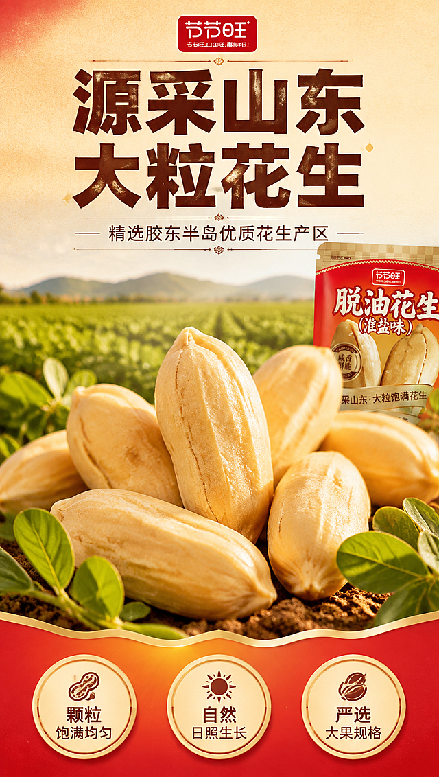 [商品] 使用【图1】节节旺脱油花生包装袋作为辅助元素小面积露出；保留包装品牌与产品名称，不做主体展示。
[画面] 目标：原料产地专张，突出山东大粒花生原料优势。构图：上标题+中大视觉+下卖点，核心原料占画面60%以上。主体位置：多颗超大饱满花生仁置于泥土与花生叶间，占画面中心。景别：微距特写带环境。阅读动线：从上至下。前中后景：前景泥土花生叶、中景大粒花生仁主体、后景虚化的山东花生田与远山蓝天。
[视觉] 套系策略：风格=京东高级A+移动端商业摄影，暖调食欲感；标题字=粗黑体厚重字；正文字=简洁无衬线体；主色=暖金红；背景延展=基于暖金红做深浅层级、同色渐变和细腻纸张/颗粒质感；强调色=浅金色；标题色=深棕红；正文色=暖深灰；组件=圆角浅金底信息卡、细线引线、圆形卖点徽章；光影=自然日光侧照，花生仁表面纹理清晰，带自然高光。
[文字] 主标题：源采山东 大粒花生（8字）；副标题：精选胶东半岛优质花生产区；3个信息点：颗粒饱满均匀、自然日照生长、严选大果规格；文字区位于画面顶部与底部，不遮挡中心花生主体；所有文字横排，移动端可读字号。
[规格] 京东高级A+移动端竖版比例9:16，4K分辨率，负向提示：避免变形、错字、文字过小、有机认证标识、绿色主色调、冷蓝背景、包装文字错乱。