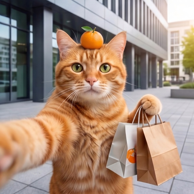 在图二橘猫的头顶加上图一中的橘子头饰，保留橘猫原本的样子、购物袋以及户外街景背景，橘子头饰自然贴合在橘猫头顶，光影效果和原图保持一致预览效果