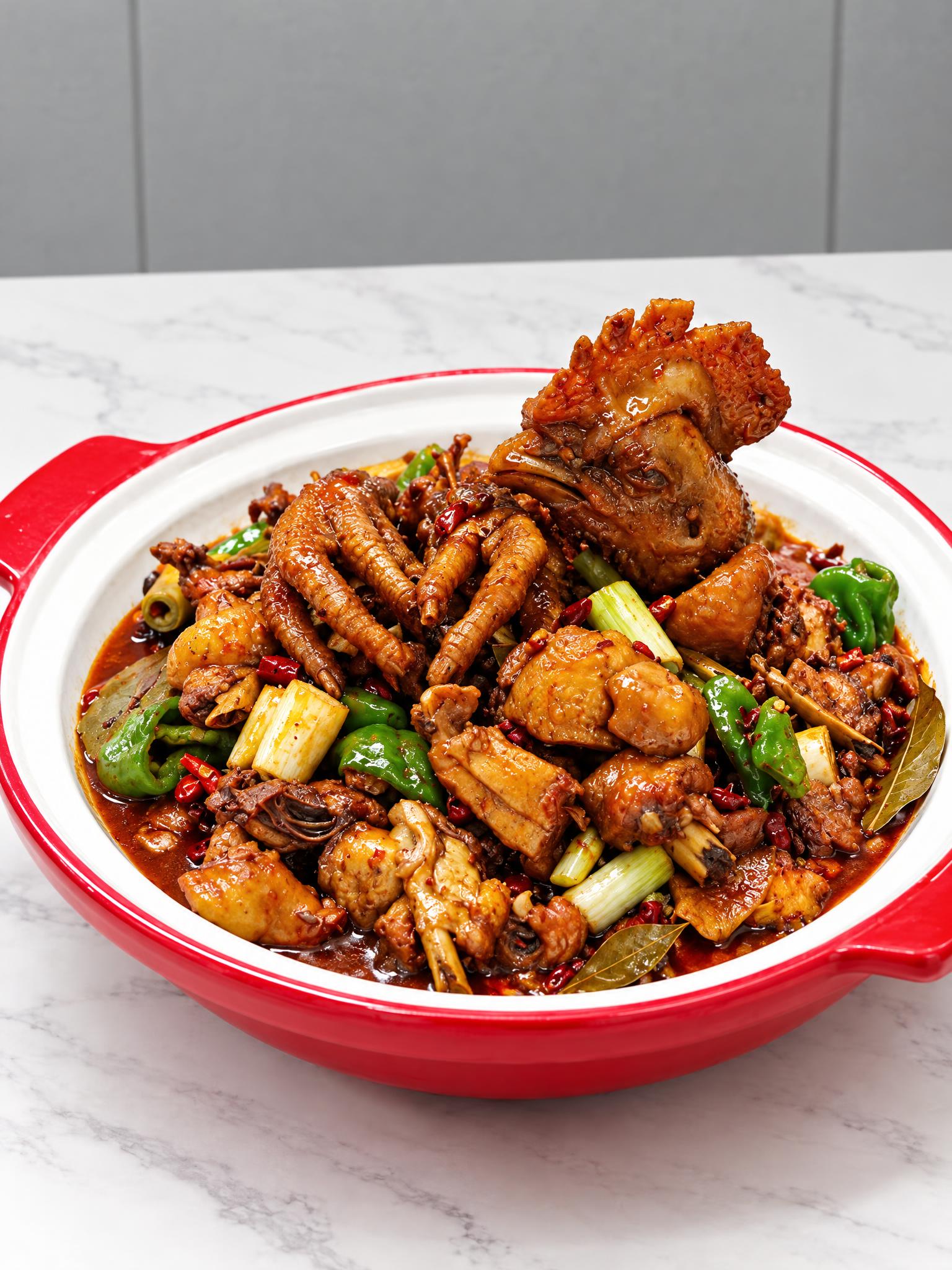 基于参考图中的红烧土鸡菜品，生成侧面微俯角度的美食摄影图，保持… - 图片创意预览