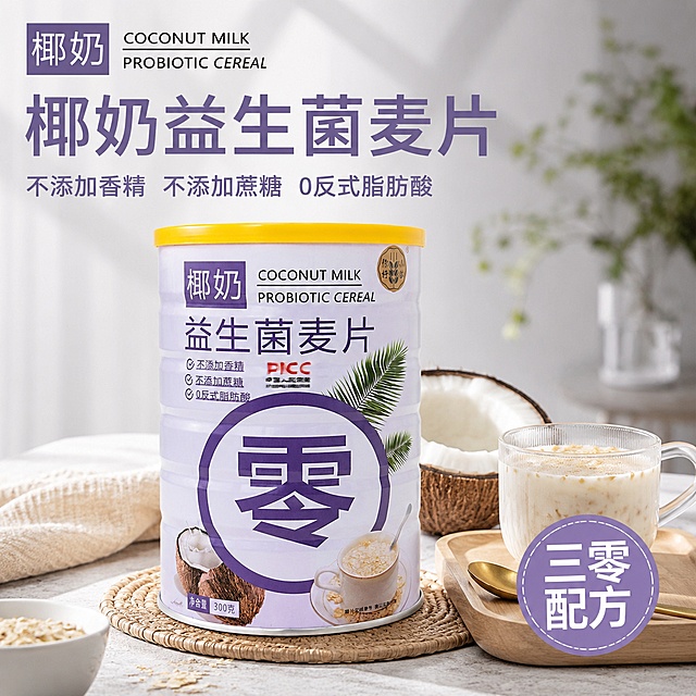「图片1」「图片1」「图片1」参考产品图生成电商主图（5张），商品名称是：椰奶益生菌麦片，卖点是：不添加香精、不添加蔗糖、0 反式脂肪酸，添加益生菌，椰奶口味，风格是：三零配方风，适配抖音平台，主图比例为1:1