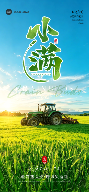 小满节气水墨风小麦实景田野全屏海报 #小满预览效果
