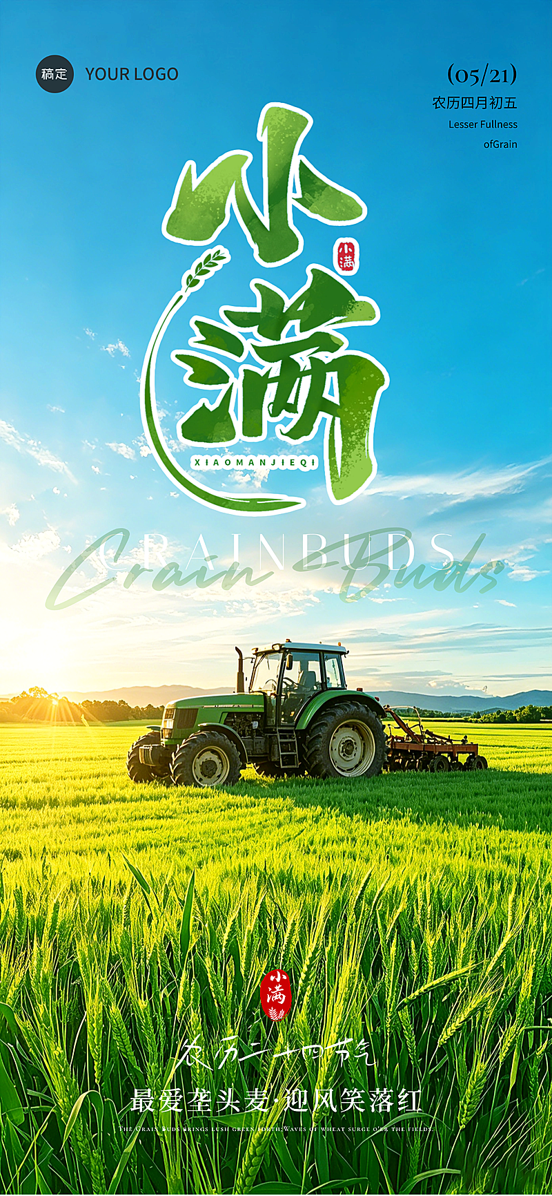 小满节气水墨风小麦实景田野全屏海报 #小满