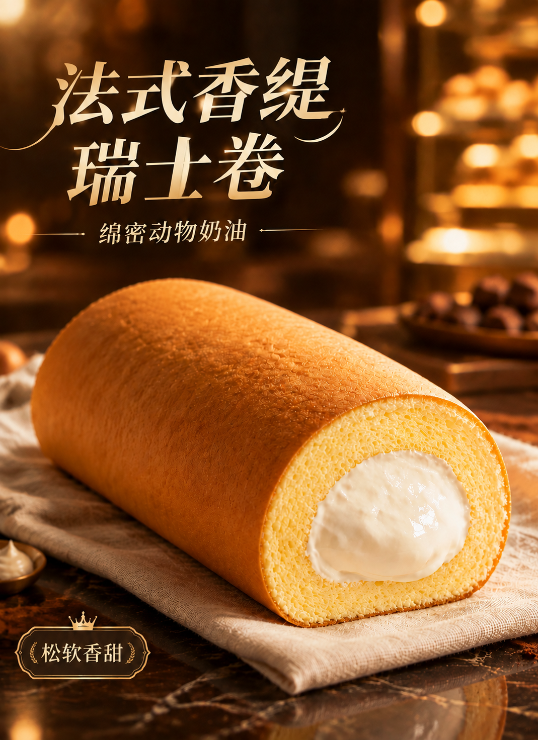 基于这张瑞士卷的海报图，将主标题文字修改为"法式香缇瑞士卷"，… - 图片创意预览